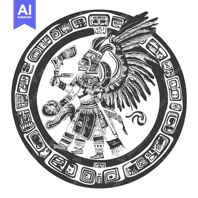 Aset desain premium: Aztec Warrior with Feathered Headdress and Weapon