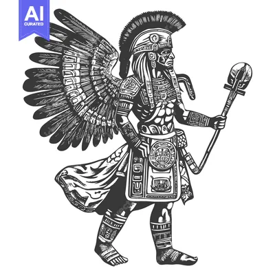 Aset desain premium: Aztec Warrior with Feathered Headdress and Weapon
