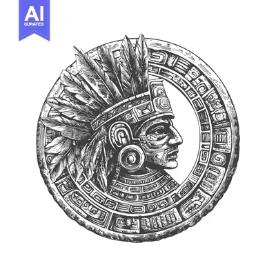 Aset desain premium: Aztec Warrior with Feathered Headdress in Circular Frame