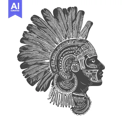 Aset desain premium: Aztec Warrior with Feathered Headress and Geometric Patterns
