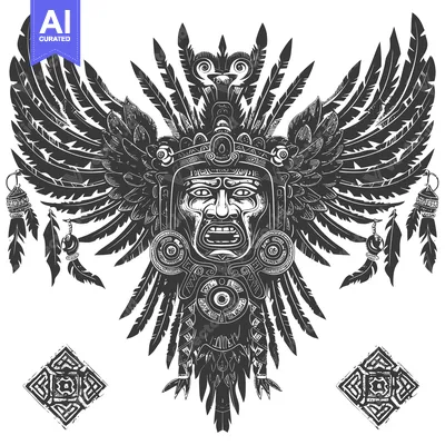 Aset desain premium: Aztec Warrior with Feathered Wings and Ornate Headwear
