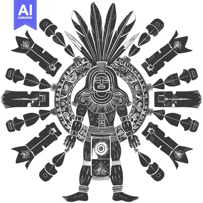 Premium design asset: Aztec Warrior with Feather Headdress and Symbolic Surroundings
