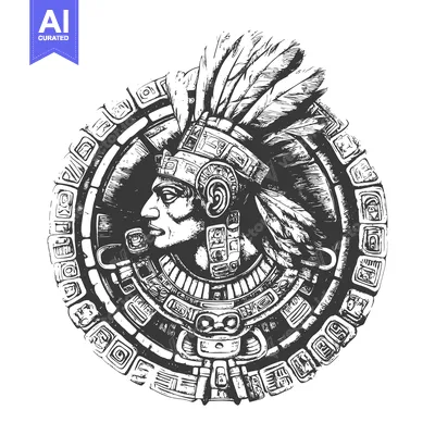 Aset desain premium: Aztec Warrior with Feather Headdress in Circular Frame