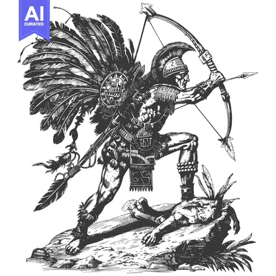 Premium design asset: Aztec Warrior with Feathers and Bow and Arrow Aiming at Enemy
