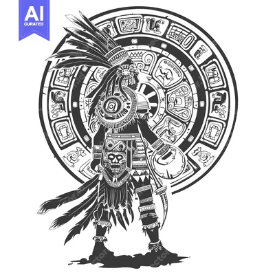Aset desain premium: Aztec Warrior with Feathers and Calendar Symbol