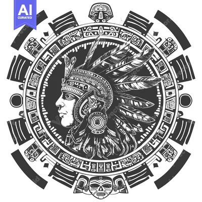 Aset desain premium: Aztec Warrior with Feathers and Glyphs