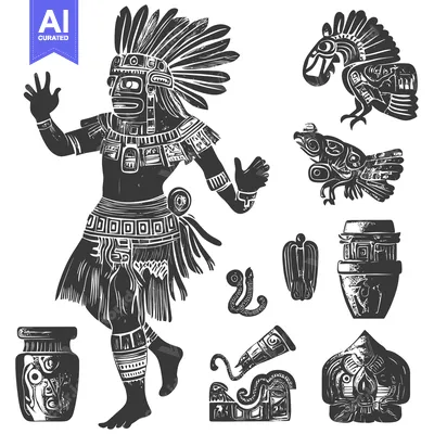Aset desain premium: Aztec Warrior with Feathers and Symbolic Objects