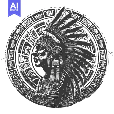 Aset desain premium: Aztec Warrior with Headdress and Glyphs