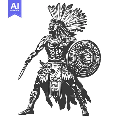 Aset desain premium: Aztec Warrior with Headdress, Shield, and Weapon