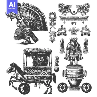 Aset desain premium: Aztec Warrior with Horse-Drawn Chariot and Various Ornamental Motifs