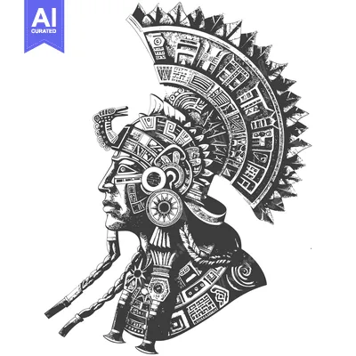 Aset desain premium: Aztec Warrior with Intricate Headpiece and Facial Features