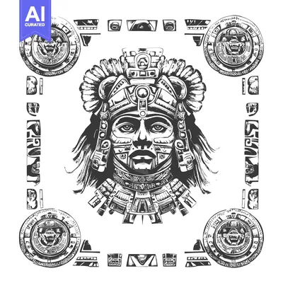 Aset desain premium: Aztec Warrior With Ornate Headpiece And Glyphs