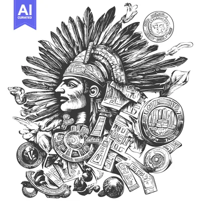 Aset desain premium: Aztec Warrior with Plumed Headdress and Glyphs