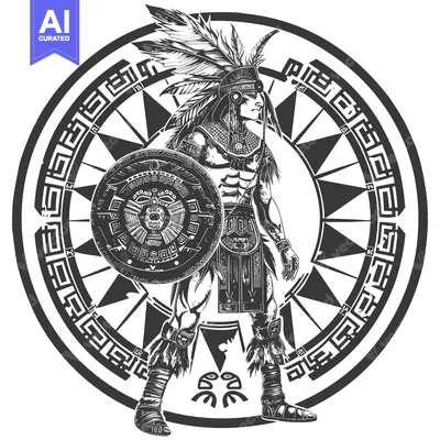 Aset desain premium: Aztec Warrior with Shield and Feather Headdress Standing in a Circular