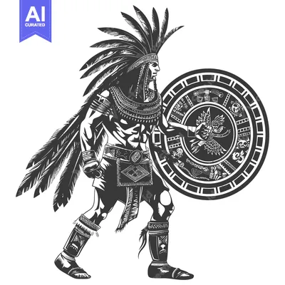 Aztec Warrior with Shield and Feather Headress