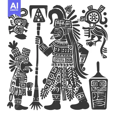Aset desain premium: Aztec Warrior with Spear and Ceremonial Objects