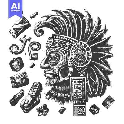 Aset desain premium: Aztec Warrior with Traditional Headdress and Ornamentation