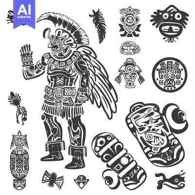 Aset desain premium: Aztec Warrior with Traditional Ornaments and Symbols