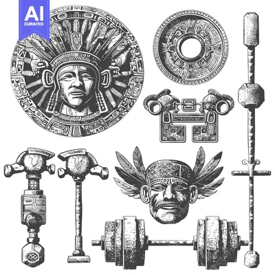 Aset desain premium: Aztec Warrior with Weapons and Weights Illustration