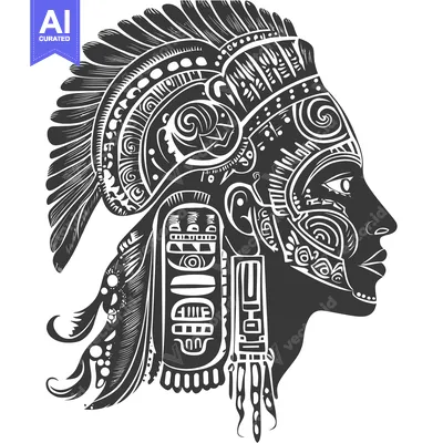 Aset desain premium: Aztec Warrior Woman with Ornate Headdress and Face Paint