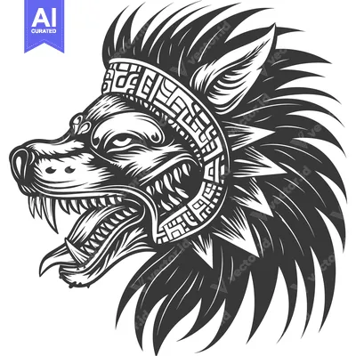 Aset desain premium: Aztec Wolf with Geometric Headband and Spiky Fur