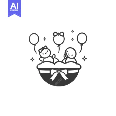 Aset desain premium: Two cartoon babies in a basket with balloons and decorative stars
