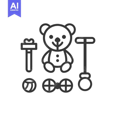 Aset desain premium: A collection of toys displayed with a teddy bear icon