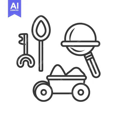 Aset premium populer: Black and white outlined illustrations of several children toys