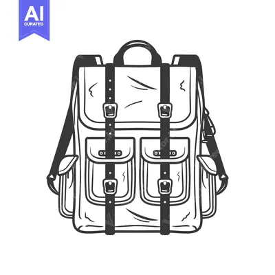 Aset desain premium: A detailed monochrome illustration of a vintage backpack