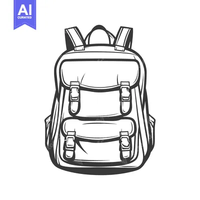 A detailed illustration of a classic backpack in black and white