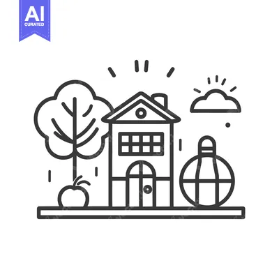 Premium design asset: Simple black and white illustration depicts a house with a yard