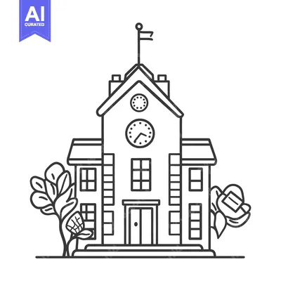 Premium design asset: A monochrome illustration of a school building with a flag