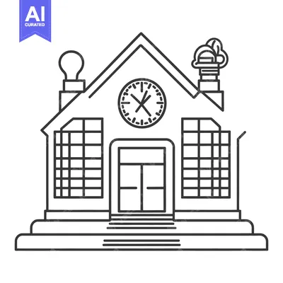 Aset desain premium: Black and white illustration of a building with a clock