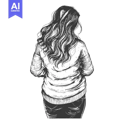 Aset premium populer: Back view hand drawn sketch of a woman with long curly hair