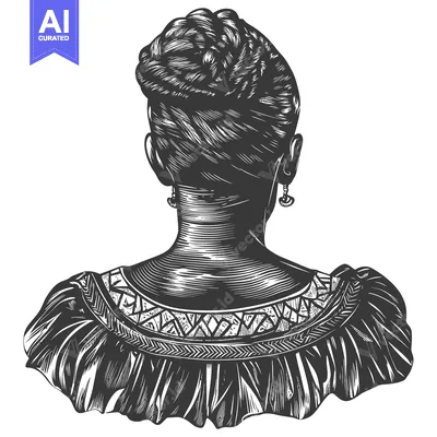 Aset desain premium: Back View of a Woman with Elaborate Hair and a Patterned Dress