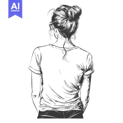 Aset desain premium: Back view of a woman with hair in a bun, wearing a t-shirt