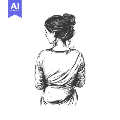 Aset premium populer: Back view of a woman with long hair in a bun, drawn in black and white