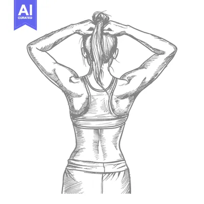 Aset premium populer: Back view of a woman with toned muscles, holding her ponytail