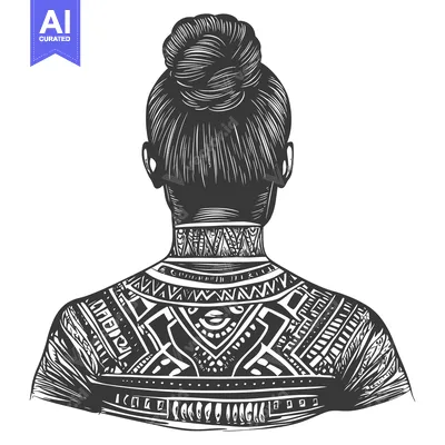 Aset desain premium: Back View of a Woman with Tribal Tattoos and a Bun