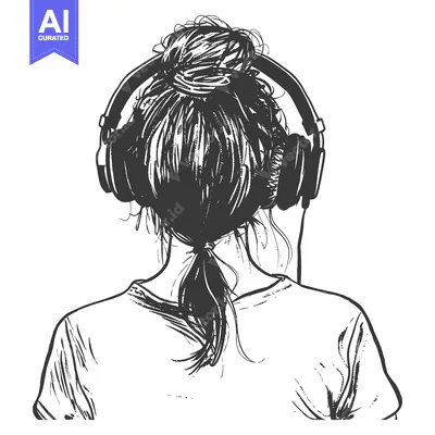 Aset desain premium: Back view of a young woman wearing headphones and a bun hairstyle