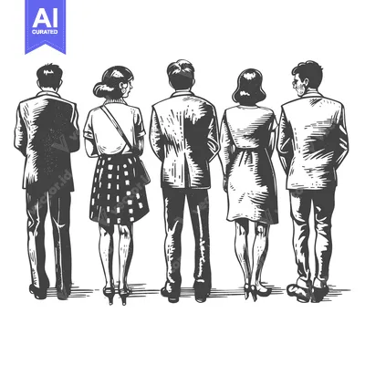 Aset premium populer: Back view of five people standing in a row