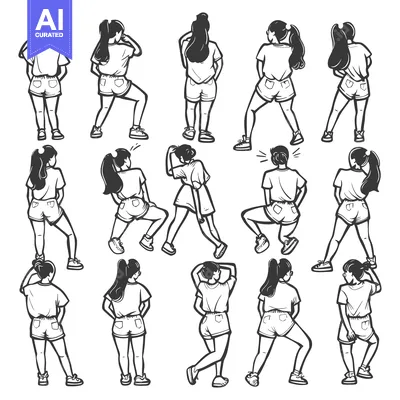 Aset desain premium: Back view of girls in shorts and t-shirts, standing in various casual