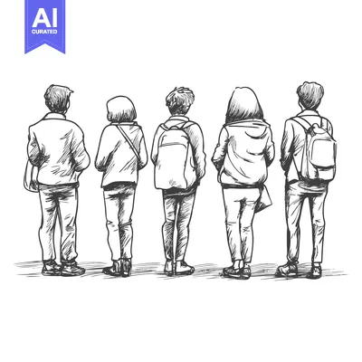 Aset desain premium: Back view sketch of four teenagers with backpacks walking