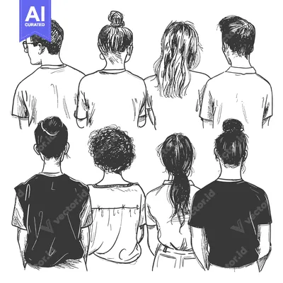 Premium design asset: Back View Sketch of Seven People in Casual Clothing