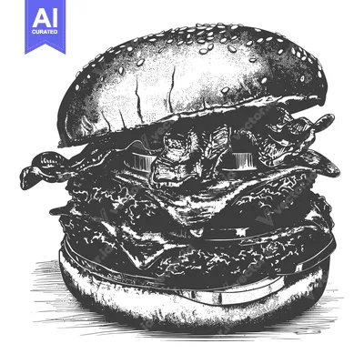 Aset desain premium: A detailed close up sketch of a delicious burger