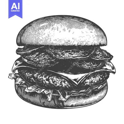 Aset desain premium: A Delicious Engraved Monochrome Illustration of a Fresh Hamburger