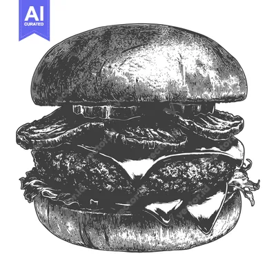 Aset desain premium: A detailed monochrome illustration of a delicious hamburger