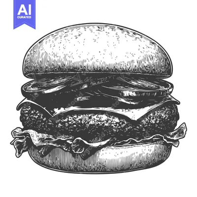 Premium design asset: A delicious burger illustration featuring stacked ingredients with det