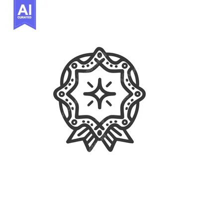 Aset premium populer: Ornate Starburst Medal Icon with Ribbon Detail, Line Art Style