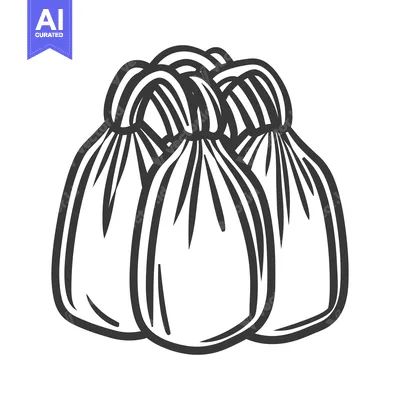 A simple black and white illustration of gathered drawstring bags